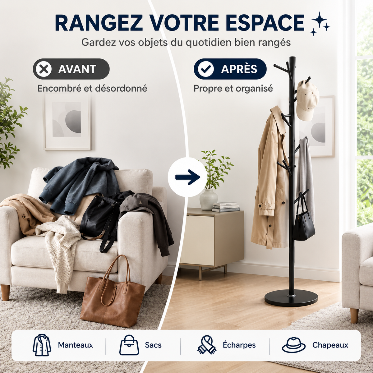 Porte-manteau sur pied en métal noir au design moderne