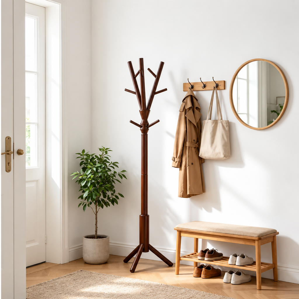 Porte-manteau sur pied en bois – Design naturel