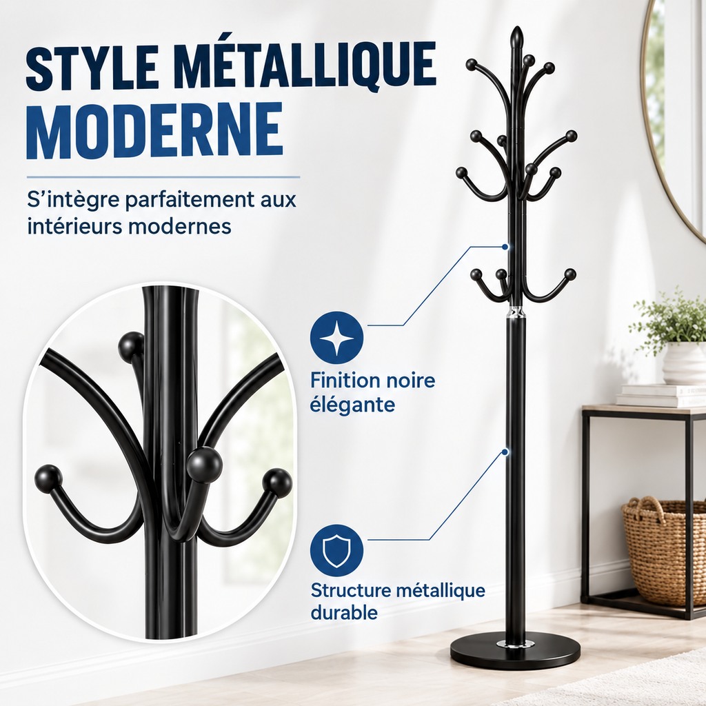 Porte-manteau sur pied en métal noir au design moderne