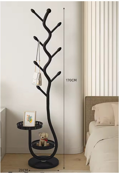 Porte-manteau arbre en métal noir avec rangement intégré