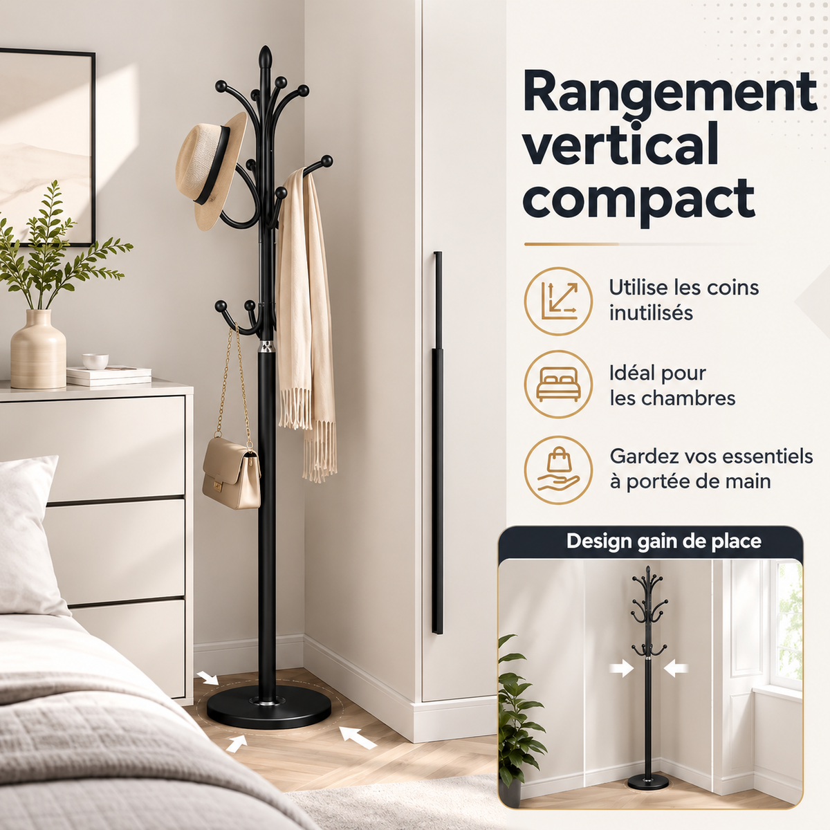 Porte-manteau sur pied en métal noir au design moderne