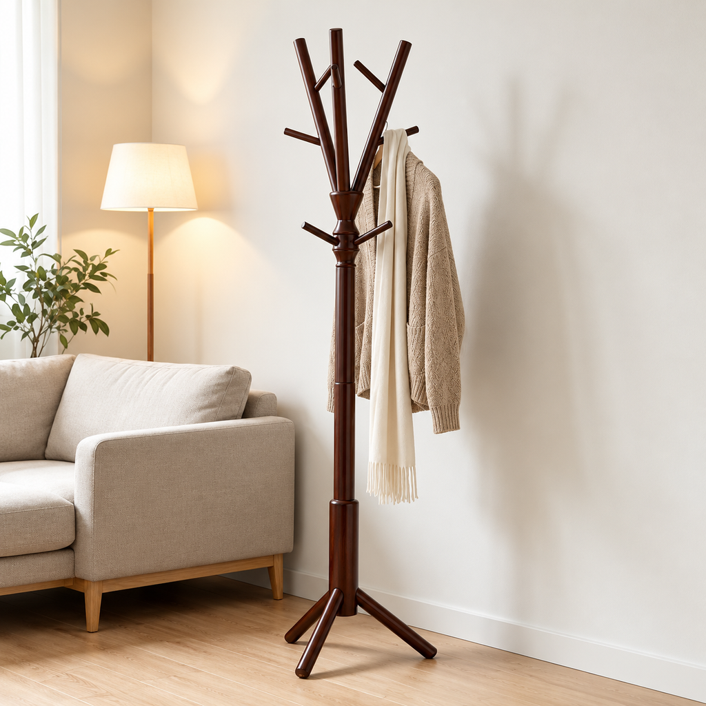 Porte-manteau sur pied en bois – Design naturel